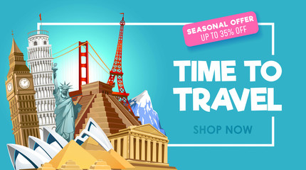 Travel promo banner design for travel agency. Vector illustration