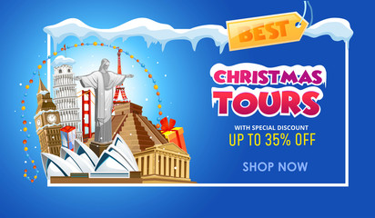 Naklejka premium Christmas tours travel promo banner design template. Vector illustration
