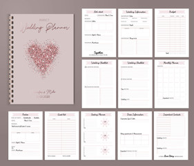 Wedding planner printable design with checklists, important date, notes etc. Vector illustration