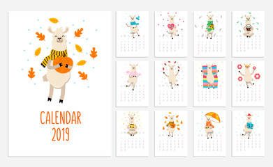 Llama calendar for 2019 with cute alpacas. Vector planner illustration for New Year.
