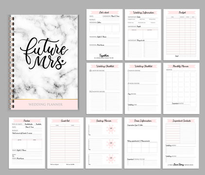 Wedding planner printable design with checklists, important date, notes etc. Vector illustration