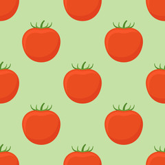 Seamless pattern with tomato on green background. Vector texture.