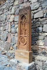 Fototapeta na wymiar Khachkar, an Armenian cross-stone, at the Geghard monastery, Armenia