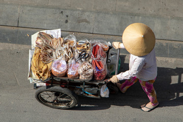 Vietnamese woman pushing a cart full of dried fish and seafood, Saigon city.