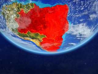 Mercosur memebers on realistic model of planet Earth with country borders and very detailed planet surface and clouds.