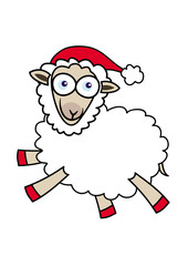 Mrs Claus as a cartoon sheep, wearing a red Santa hat.