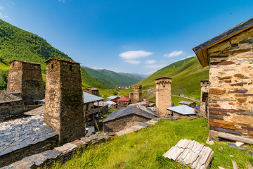 Fototapeta na wymiar Defensive Svan towers in Ushguli village, Ushguli, Mestia district, Georgia