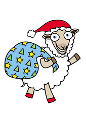  Santa Claus as a cartoon sheep, waving, carrying a big blue bag and wearing a red Santa hat. Vector illustration.