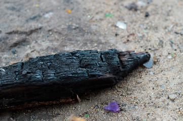 Fired wood on white sand.  Trash on the sand. Ecological problem.