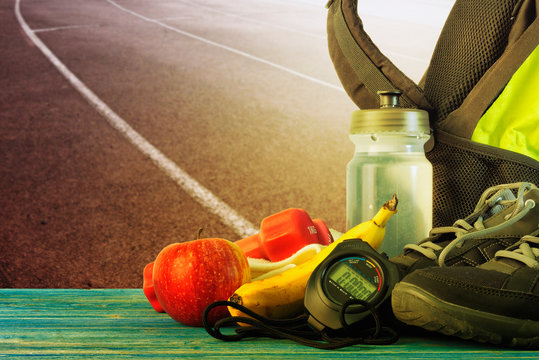A set of items for running training at the stadium