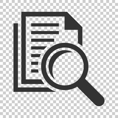Scrutiny document plan icon in flat style. Review statement vector illustration on isolated background. Document with magnifier loupe business concept.