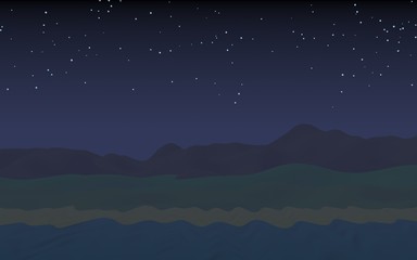 Fototapeta premium Starry moonless sky. Ocean shore line with waves on a beach. Island beach paradise with waves. Vacation, summer, relaxation. Seascape, seashore. Minimalist landscape, primitivism. 3D illustration