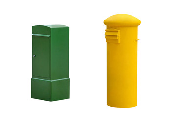 yellow and green street mailboxes isolated on white background