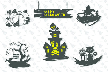 Set of halloween silhouette illustration with seamless pattern background