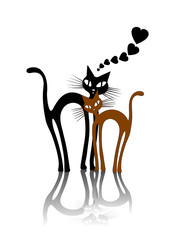 Love of two cats. Two cats silhouettes on white background(Vector illustration).