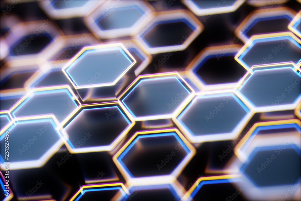 Wall mural black abstract hexagon background, 3d rendering honeycomb background with bright edges.