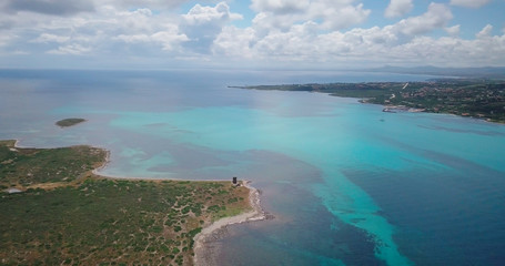 Drone footage, a beautiful day. Panoramas of the coasts of Sardinia, Italy. Stintino, La Pelosa and Asinara.