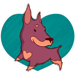 little cute doberman on the background of the heart. vector illustration