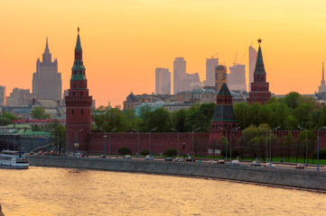 Moscow skyline at sunset with Kremlin and Kremlin Wall, and City towers. Moscow Russia. 