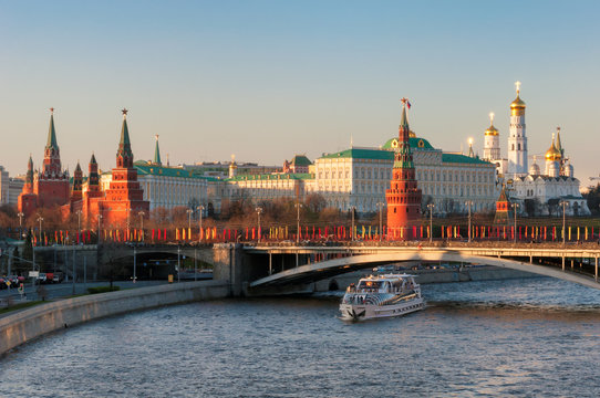 Moscow skyline with Moscow river, Kremlin Wall and towers. Moscow Russia.