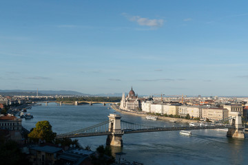 The Chain Bridge (Szechenyi Lanchid) at Budapest with parliament