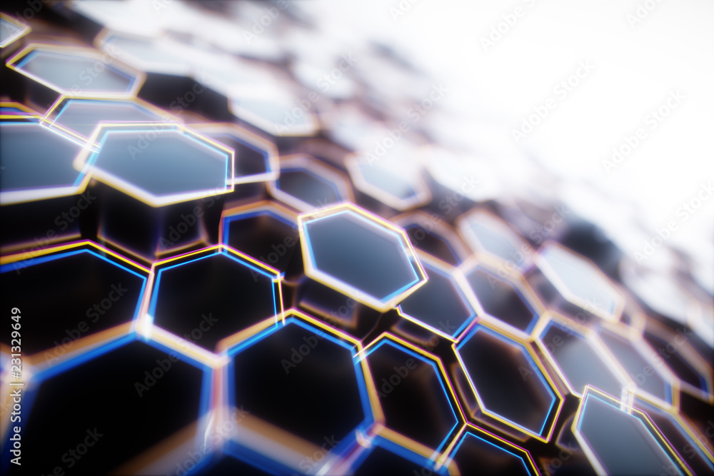 Wall mural black abstract hexagon background, 3d rendering honeycomb background with bright edges.