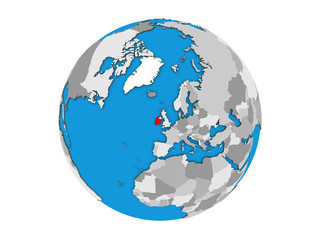 Ireland on blue political 3D globe. 3D illustration isolated on white background.