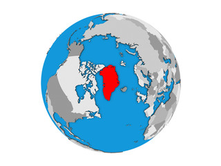 Greenland on blue political 3D globe. 3D illustration isolated on white background.