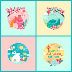 Fototapeta premium Happy mid autumn festival set, vector banner.