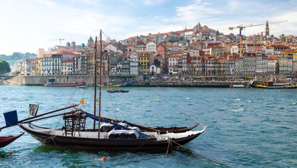Wine boats on Douro River, old Porto Oporto city, Portugal