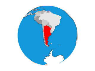 Argentina on blue political 3D globe. 3D illustration isolated on white background.