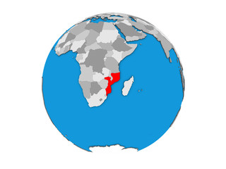 Mozambique on blue political 3D globe. 3D illustration isolated on white background.