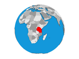 Tanzania on blue political 3D globe. 3D illustration isolated on white background.