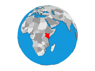 Kenya on blue political 3D globe. 3D illustration isolated on white background.