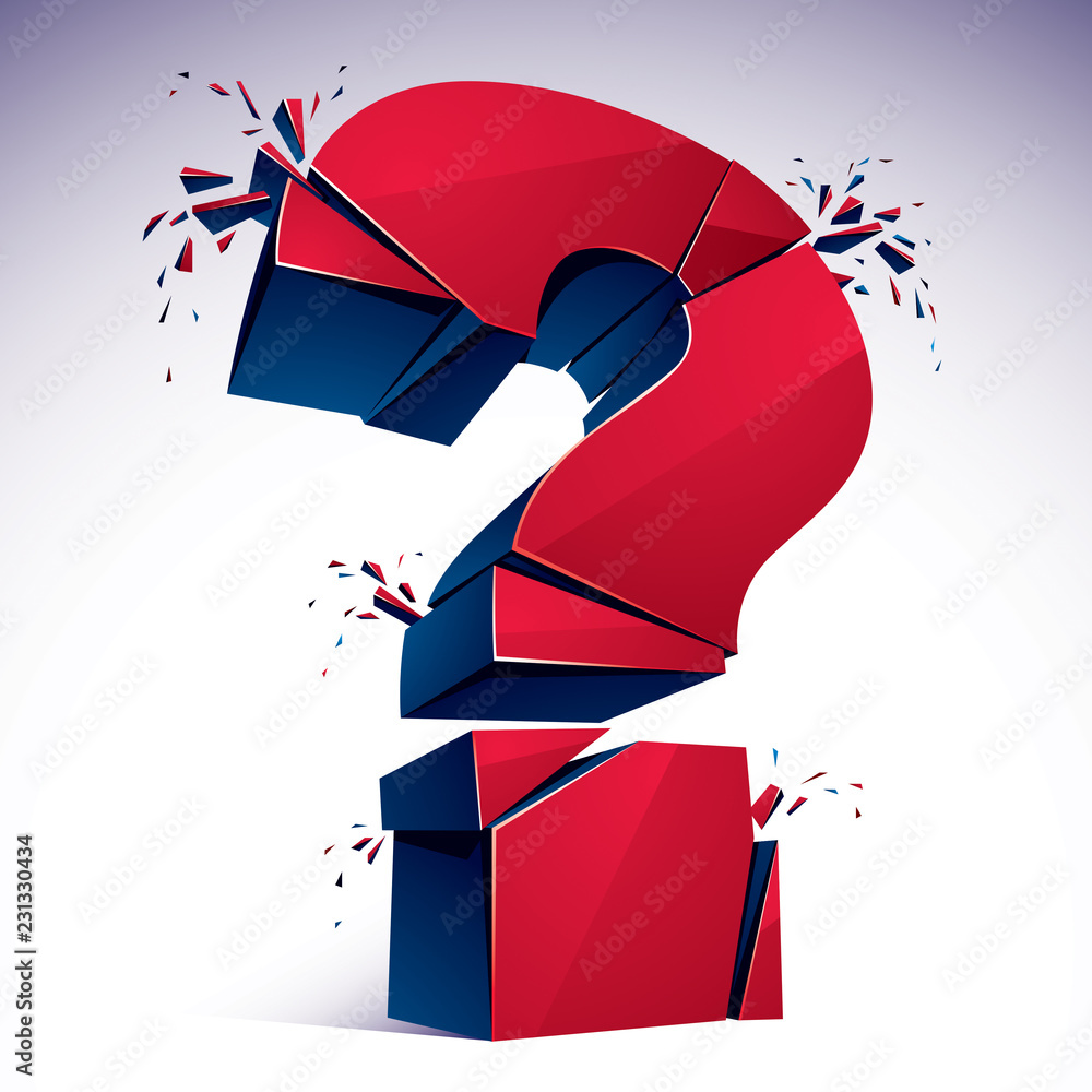 Poster broken question mark exploding, query breaking to pieces, vector 3d realistic illustration. special 