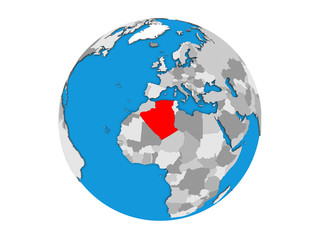Algeria on blue political 3D globe. 3D illustration isolated on white background.