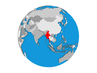 Naklejka premium Myanmar on blue political 3D globe. 3D illustration isolated on white background.