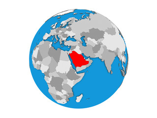 Saudi Arabia on blue political 3D globe. 3D illustration isolated on white background.