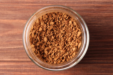  instant coffee in a jar closeup. Flavored coffee