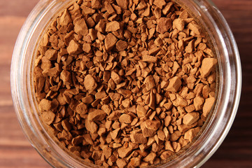  instant coffee in a jar closeup. Flavored coffee