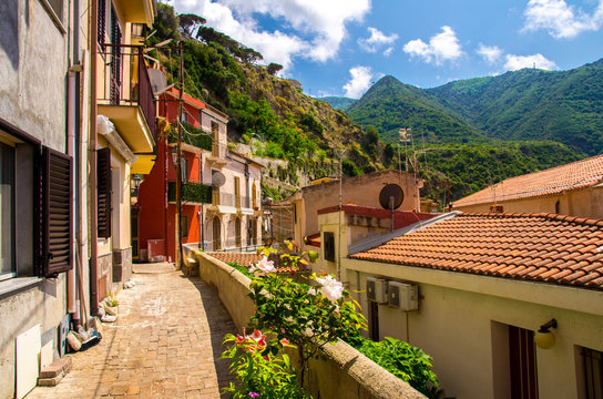 Buildings with colorful walls and tiled roofs, Scilla, Calabria, Italy