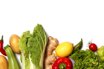 fresh vegetables isolated on white top view. Dishes from vegetables, proper nutrition, veggiery, cooking.