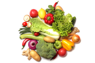 fresh vegetables isolated on white top view. Dishes from vegetables, proper nutrition, veggiery, cooking.