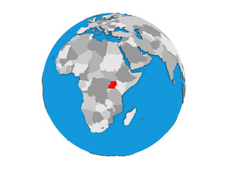 Uganda on blue political 3D globe. 3D illustration isolated on white background.