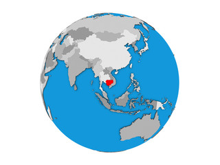 Cambodia on blue political 3D globe. 3D illustration isolated on white background.