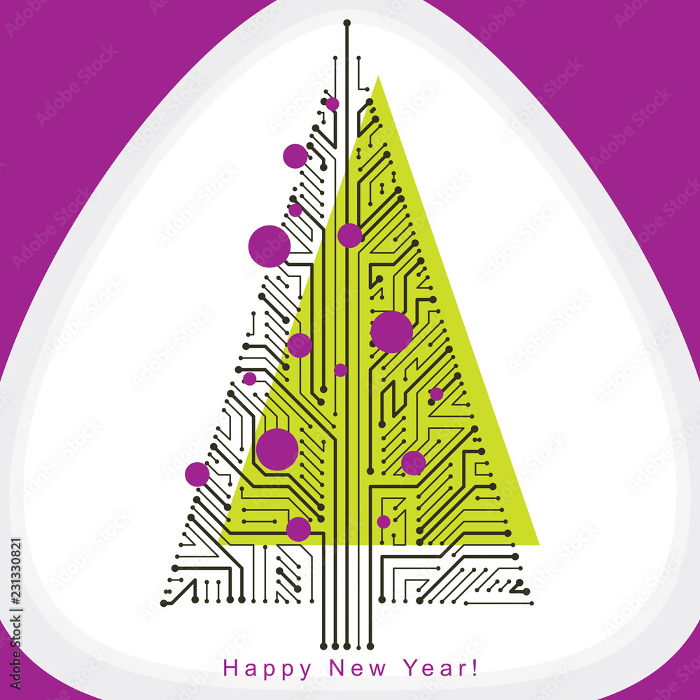 Poster art vector graphic illustration of digital christmas tree made using lines mesh as branches. holiday