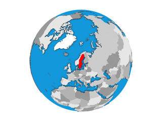 Sweden on blue political 3D globe. 3D illustration isolated on white background.