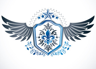 Obraz premium Heraldic sign made with vector elements, heraldry insignia composed with lily flower royal symbol and pentagonal stars