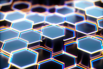 Black abstract hexagon background, 3d rendering honeycomb background with bright edges.