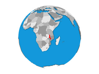 Malawi on blue political 3D globe. 3D illustration isolated on white background.